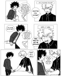 Rule 34 | 2boys, bakugou katsuki, bakuverde, boku no hero academia, closed mouth, collared shirt, comic, commentary, english commentary, english text, freckles, greyscale, highres, holding hands, long sleeves, looking at another, male focus, midoriya izuku, monochrome, multiple boys, open mouth, pants, shirt, short hair, speech bubble, spiked hair, standing