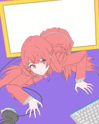 Rule 34 | 1000-nen ikiteru (vocaloid), 1girl, alternate color, blazer, bow, bowtie, braid, chromatic aberration, commentary request, crawling, from above, hair spread out, half updo, headphones, headphones removed, highres, jacket, keyboard (computer), long hair, long sleeves, looking at viewer, looking up, mitsutsuka, monitor, nijisanji, pink bow, pink bowtie, pink eyes, pink hair, pink jacket, pink skirt, purple background, school uniform, simple background, skirt, solo, through medium, through screen, tsukino mito, tsukino mito (1st costume), upper body, virtual youtuber