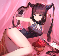 Rule 34 | 1girl, ass, bare shoulders, black dress, blue eyes, blunt bangs, blush, bowl, breasts, china dress, chinese clothes, cleavage, detached sleeves, dolce (dolsuke), dress, fate/grand order, fate (series), hair ornament, highres, large breasts, leaning to the side, long hair, looking at viewer, lychee, purple hair, sidelocks, solo, thighs, twintails, very long hair, yang guifei (fate), yang guifei (second ascension) (fate)