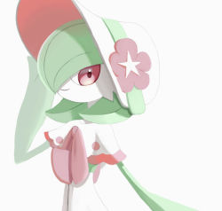 Rule 34 | 1girl, adjusting clothes, adjusting headwear, arm up, bob cut, bonnet, capelet, closed mouth, clothed pokemon, colored skin, creatures (company), female focus, flat chest, flower, game freak, gardevoir, gardevoir (fashionable), gen 3 pokemon, green hair, green skin, hair over one eye, happy, hat, hat flower, looking at viewer, mogu (mogu mogu um), multicolored skin, nintendo, one eye covered, pink flower, pink trim, pokemon, pokemon (creature), pokemon unite, red eyes, short hair, simple background, smile, solo, two-tone skin, upper body, white background, white capelet, white hat, white skin