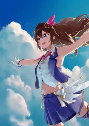 Rule 34 | 1girl, :d, blue eyes, blue jacket, blue skirt, blue sky, bow, bowtie, brown hair, cloud, collared shirt, commentary, day, floating hair, hair between eyes, hair ornament, hair ribbon, hololive, jacket, long hair, looking away, makimaki makky7, midriff, navel, open mouth, outstretched arms, pink bow, pink bowtie, pink ribbon, pleated skirt, ribbon, shirt, skirt, sky, sleeveless, sleeveless jacket, smile, solo, star (symbol), star hair ornament, tokino sora, tokino sora (1st costume), virtual youtuber, white background, white shirt