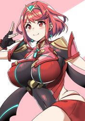 Rule 34 | 1girl, blush, breasts, chest jewel, cleavage, dynamic pose, earrings, fingerless gloves, gem, gloves, headpiece, highres, impossible clothes, jewelry, large breasts, looking at viewer, navel, plump, pyra (xenoblade), red eyes, red hair, short hair, shorts, skindentation, smile, solo, stomach, swept bangs, thighhighs, thighs, tiara, xenoblade chronicles (series), xenoblade chronicles 2, yamada hatsune