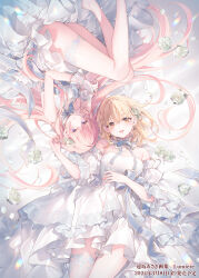 Rule 34 | 2girls, absurdres, bare shoulders, blonde hair, blunt bangs, bridal gauntlets, buta no liver wa kanetsu shiro, cover, cover image, dated, detached collar, detached sleeves, dress, earrings, english text, flower, hair flower, hair ornament, highres, jewelry, long hair, looking at viewer, medium hair, multiple girls, original, parted lips, pink hair, short sleeves, sidelocks, sleeveless, sleeveless dress, smile, thighs, toosaka asagi, wide sleeves