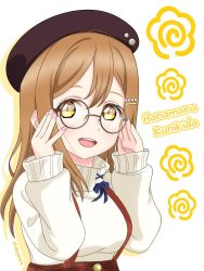 Rule 34 | 1girl, artist name, artist request, blue ribbon, blush, breasts, brown eyes, brown hair, brown headwear, female focus, glasses, hair between eyes, hair bobbles, hair ornament, hairclip, highres, holding glasses, kunikida hanamaru, light brown hair, long hair, looking at viewer, love live!, love live! school idol festival, love live! school idol festival all stars, love live! sunshine!!, matching hair/eyes, medium breasts, nail, nail polish, parted lips, pink nails, pink nails, ribbon, smile, solo, sweater, upper body, white background, white sweater, yellow eyes