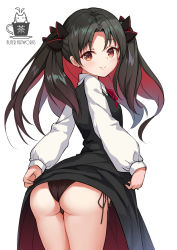 Rule 34 | 1girl, aliter, artist name, ass, black dress, black hair, black panties, blush, closed mouth, clothes lift, collared shirt, commentary request, dress, dress lift, fate/grand order, fate (series), hair ornament, highres, ishtar (fate), lifted by self, logo, long hair, long sleeves, looking at viewer, looking back, multicolored hair, neck ribbon, panties, parted bangs, pinafore dress, puffy long sleeves, puffy sleeves, red eyes, red hair, red ribbon, ribbon, shirt, side-tie panties, simple background, sleeveless, sleeveless dress, sleeves past wrists, smile, solo, space ishtar (fate), two-tone hair, two side up, underwear, white background, white shirt