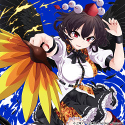 Rule 34 | 1girl, :d, black bow, black bowtie, black skirt, black wings, blue background, blush, bow, bowtie, breasts, commentary request, cowboy shot, feathered wings, foreshortening, hair between eyes, hand fan, hand up, holding, holding fan, leaf fan, looking at viewer, medium breasts, miniskirt, nail polish, open mouth, petticoat, pointy ears, puffy short sleeves, puffy sleeves, red nails, rihito (usazukin), shameimaru aya, shirt, short sleeves, simple background, skirt, smile, solo, touhou, touhou cannonball, white shirt, wings, wristband