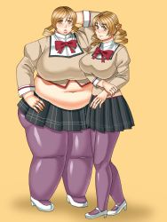 Rule 34 | 10s, 2girls, belly, blonde hair, blush, breasts, cleavage, drill hair, dual persona, fat, highres, huge breasts, mahou shoujo madoka magica, multiple girls, navel, obese, sakumatyann, size difference, thick thighs, thighs, tomoe mami, twin drills, yellow eyes