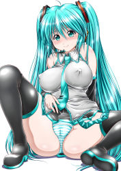 Rule 34 | 1girl, aqua eyes, aqua hair, bad id, bad pixiv id, blush, boots, breasts, cameltoe, covered erect nipples, detached sleeves, hatsune miku, headset, highres, impossible clothes, kuroi ekaki, large breasts, long hair, necktie, panties, pantyshot, simple background, skirt, smile, solo, striped clothes, striped panties, thigh boots, thighhighs, twintails, underwear, upskirt, very long hair, vocaloid