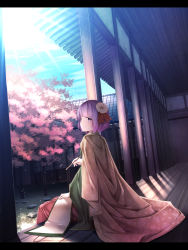 Rule 34 | 1girl, absurdres, blue sky, building, calligraphy brush, cherry blossoms, cloud, day, floral print, flower, garden, hair flower, hair ornament, hieda no akyuu, highres, japanese clothes, kimono, letterboxed, looking at viewer, paintbrush, purple hair, rerrere, scroll, sitting, sky, smile, solo, sunlight, touhou, tree, veranda