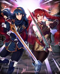 Rule 34 | 2girls, armor, blue eyes, blue hair, blue legwear, boots, brown legwear, falchion (fire emblem), fingerless gloves, fire emblem, fire emblem awakening, gloves, greaves, highres, knee boots, leather armor, long hair, looking at viewer, lucina (fire emblem), multiple girls, nintendo, red eyes, red hair, severa (fire emblem), sparkartworks, sword, twintails, weapon