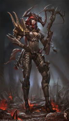 Rule 34 | 1girl, armor, bow (weapon), cleavage cutout, clothing cutout, crossbow, demon hunter, diablo (series), diablo 3, highres, hood, horns, solo, weapon, zeronis