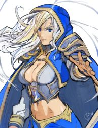 Rule 34 | 1girl, bad id, bad pixiv id, blonde hair, blue eyes, breasts, bustier, cleavage, hearthstone, jaina proudmoore, large breasts, lips, long hair, midriff, navel, outstretched hand, overlord jc, solo, warcraft