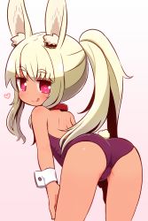 Rule 34 | 1girl, :q, animal ear fluff, animal ears, ass, bare shoulders, bent over, blonde hair, blush, closed mouth, commentary request, dark-skinned female, dark skin, etrian odyssey, fake animal ears, gradient background, heart, heart-shaped pupils, highres, leotard, long hair, looking at viewer, looking back, masurao (sekaiju), naga u, pink background, playboy bunny, ponytail, purple leotard, rabbit ears, rabbit girl, rabbit tail, red eyes, sekaiju no meikyuu, sekaiju no meikyuu 5, smile, solo, symbol-shaped pupils, tail, thick eyebrows, tongue, tongue out, white background, wrist cuffs