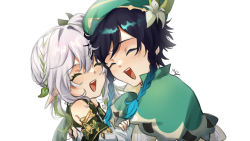 Rule 34 | 1boy, 1girl, black hair, blue hair, blush, braid, cape, child, closed eyes, collared cape, commentary, detached sleeves, english commentary, frilled sleeves, frills, genshin impact, gradient hair, green cape, green hair, green sleeves, hair ornament, highres, leaf hair ornament, long hair, multicolored hair, mztmine, nahida (genshin impact), short hair with long locks, side braids, side ponytail, smile, twin braids, venti (genshin impact), white hair