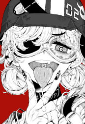Rule 34 | 1girl, absurdres, bandaid, bandaid on hand, black choker, blue archive, broken eyewear, choker, dog tags, double bun, earclip, earrings, fang, fingernails, goggles, greyscale, hair bun, heart, heart in mouth, helmet, helmet gang officer (blue archive), highres, jewelry, lightningace, long fingernails, long hair, looking at viewer, monochrome, nail art, no halo, one eye covered, peroro (blue archive), portrait, red background, ringed eyes, saliva, sharp fingernails, short hair, solo, spot color, tally, tongue, tongue out, very long hair