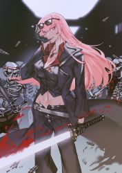 Rule 34 | 1girl, absurdres, adjusting clothes, adjusting gloves, baseball bat, belt, black-framed eyewear, black gloves, black jacket, black pants, black vest, blazer, blood, breasts, buttons, cleavage, collared shirt, formal, gloves, groin, hand up, highres, holding, holding sword, holding weapon, hololive, hololive english, jacket, jewelry, katana, leather, leather gloves, legs apart, long hair, long sleeves, looking at viewer, midriff, mori calliope, mouth hold, navel, open clothes, open jacket, pants, parted lips, pendant, pink hair, red eyes, red shirt, set7, shirt, skeleton, solo focus, suit, sunglasses, sunglasses on head, sword, vest, virtual youtuber, weapon, white belt