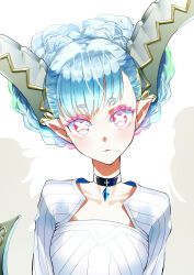 Rule 34 | 1girl, black choker, blue hair, choker, colored eyelashes, curled horns, dress, fate/grand order, fate (series), highres, horns, larva tiamat (fate), larva tiamat (first ascension) (fate), light blue hair, long hair, looking at viewer, outerrace ik, pink eyes, pointy ears, portrait, ribbed dress, solo, symbol-shaped pupils, tiamat (fate)