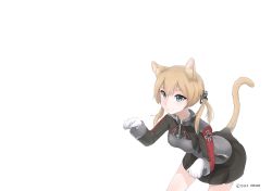 Rule 34 | 1girl, animal ears, bent over, black skirt, blonde hair, blue eyes, cat ears, cat tail, commentary, cowboy shot, disco brando, english commentary, gloves, grey jacket, highres, jacket, kantai collection, kemonomimi mode, long hair, long sleeves, looking at viewer, paw pose, pleated skirt, prinz eugen (kancolle), simple background, skirt, smile, solo, tail, twitter username, white background, white gloves