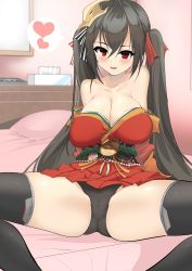Rule 34 | 1girl, ahoge, arm support, azur lane, bare shoulders, bed, bed sheet, black hair, black thighhighs, blush, breasts, cameltoe, cleavage, closed mouth, collarbone, dress, hair between eyes, hair ornament, hair ribbon, highres, indoors, japanese clothes, large breasts, leaning back, light smile, long hair, looking at viewer, momio, on bed, pillow, red dress, red eyes, red ribbon, ribbon, sitting, solo, spread legs, taihou (azur lane), thighhighs, thighs, tissue box, twintails, very long hair, wide sleeves, window