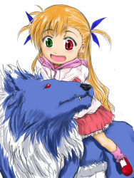 Rule 34 | 00s, 1girl, :d, blonde hair, fang, fur, green eyes, heterochromia, long hair, lyrical nanoha, mahou shoujo lyrical nanoha, mahou shoujo lyrical nanoha strikers, open mouth, red eyes, riding, simple background, smile, solo, straddling, teeth, upright straddle, very long hair, vivio, white background, zafira