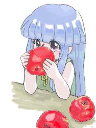 1girl apple blue_hair blunt_bangs eating elbow_rest food fruit furude_rika highres higurashi_no_naku_koro_ni higuyuki0 holding holding_food holding_fruit long_hair looking_at_viewer neck_ribbon purple_eyes ribbon sleeveless solo