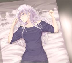 Rule 34 | 1girl, bad id, bad pixiv id, bare shoulders, bed sheet, from above, hands up, long hair, looking at viewer, lying, minagiku, on back, on bed, original, parted lips, purple eyes, purple hair, solo