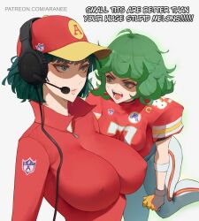 Rule 34 | 2girls, absurdres, american football uniform, andy reid, anger vein, angry, araneesama, breast envy, breasts, cable, clenched hand, commentary, covered erect nipples, english commentary, english text, female focus, fubuki (one-punch man), gloves, green eyes, green hair, headset, height difference, highres, kansas city chiefs, large breasts, matching hair/eyes, mature female, medium breasts, meme, multiple girls, national football league, one-punch man, open mouth, parody, patreon username, saliva, saliva trail, sharp teeth, short hair, shoulder pads, siblings, sisters, skin tight, sportswear, sweat, sweatdrop, tatsumaki, teeth, travis kelce, truth, white background, zipper pull tab