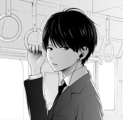 Rule 34 | 1boy, arm up, bus interior, business suit, earbuds, earphones, expressionless, formal, greyscale, hand grip, long sleeves, looking at viewer, male focus, monochrome, nakamura hinata, necktie, original, solo, standing, suit, upper body, wing collar