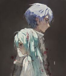 Rule 34 | 1boy, 1girl, adam moonlit, aqua eyes, aqua hair, bags under eyes, blood, blood on clothes, blood on face, blue eyes, blue hair, couple, dress, empty eyes, eve moonlit, evillious nendaiki, faux traditional media, from side, hair ribbon, hatsune miku, height difference, high collar, highres, kaito (vocaloid), kureihii, long hair, looking away, looking down, ma keikaku (vocaloid), pink ribbon, profile, ribbon, sad, serious, short hair, smudge, twintails, very long hair, vocaloid, white dress