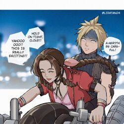 Rule 34 | 1boy, 1girl, aerith gainsborough, armor, arms around waist, bangle, black gloves, blonde hair, blue shirt, blurry, blurry background, border, bracelet, braid, braided ponytail, breasts, brown hair, character name, choker, cleavage, closed eyes, cloud strife, dress, english text, final fantasy, final fantasy vii, final fantasy vii rebirth, final fantasy vii remake, flower choker, furrowed brow, gloves, hair ribbon, jacket, jewelry, lida (lidalida04), long hair, medium breasts, motor vehicle, motorcycle, on motorcycle, open mouth, parted bangs, parted lips, pink dress, pink ribbon, red jacket, ribbon, shaded face, shirt, short hair, short sleeves, shoulder armor, sidelocks, single bare shoulder, single braid, single shoulder pad, sleeveless, sleeveless turtleneck, smile, spiked hair, sweatdrop, turtleneck, twitter username, upper body, white border, white eyes
