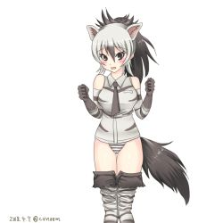 Rule 34 | 10s, 1girl, aardwolf (kemono friends), animal ears, bare shoulders, black eyes, black hair, black necktie, black shorts, blush, breast pocket, clenched hands, clothes pull, collared shirt, cowboy shot, dated, elbow gloves, extra ears, gloves, grey hair, hair between eyes, hands up, kemono friends, long hair, looking at viewer, multicolored hair, necktie, open clothes, open fly, open mouth, open shorts, panties, pantyhose, pocket, ponytail, print gloves, print pantyhose, print shirt, shirt, shiyo (cvn00m), shorts, shorts pull, simple background, sleeveless, sleeveless shirt, solo, standing, striped clothes, striped panties, tail, twitter username, two-tone hair, unbuttoned, underwear, white background, wing collar