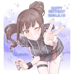 1girl alternate_eye_color artist_name bare_legs birthday black_shirt black_skirt blue_nails blush breasts brown_eyes brown_hair clenched_teeth commentary_request cowboy_shot dated earrings english_text fingernails gem hand_up happy_birthday highres idol idol_clothes idolmaster idolmaster_million_live! jewelry long_hair looking_at_viewer medium_breasts midriff nail_polish official_alternate_costume one_eye_closed open_mouth pogii red_gemstone shirt skirt smile solo sparkle standing sweat teeth thigh_strap thighs v wristband yokoyama_nao