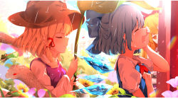 Rule 34 | 3girls, backlighting, bad id, bad pixiv id, behind another, blonde hair, blue hair, blue ribbon, blue vest, blunt bangs, blush, border, brown headwear, cirno, closed eyes, collared shirt, crying, flower, frog, from side, hair ribbon, hair tie, hiding, holding, holding leaf, ibuki suika, ice, ice wings, jumping, leaf, leaf umbrella, lens flare, letterboxed, long hair, long sleeves, looking at another, mishaguji, moriya suwako, multiple girls, open collar, open mouth, puffy short sleeves, puffy sleeves, purple vest, rain, red eyes, red neckwear, red ribbon, ribbon, sad, shangurira, shirt, short hair, short sleeves, sidelocks, streaming tears, sun shower, sunlight, tears, torii, touhou, turtleneck, upper body, vest, walking, watching, white border, white shirt, wings