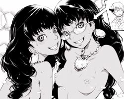 Rule 34 | 1boy, 2girls, bare shoulders, bespectacled, blush, borrowed clothes, breasts, collarbone, earrings, eyewear switch, glasses, greyscale, grin, henry smith (otoyomegatari), ina (gokihoihoi), jewelry, laila (otoyomegatari), leyla (otoyomegatari), leyli (otoyomegatari), long hair, looking at viewer, monochrome, multiple girls, necklace, nipples, nude, otoyomegatari, siblings, sideboob, sisters, small breasts, smile, topless, twins, upper body, wet, wet hair