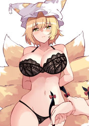Rule 34 | animal hat, arms behind back, bare arms, bare shoulders, black bra, black panties, blonde hair, blush, bra, breasts, commentary, cowboy shot, deetamu, female pov, fox girl, fox tail, frown, gap (touhou), hair between eyes, hat, highres, holding another&#039;s wrist, kitsune, kyuubi, large breasts, looking at viewer, mob cap, multiple tails, navel, panties, pov, pov hands, short hair, solo focus, stomach, tail, touhou, underwear, underwear only, yakumo ran, yellow eyes