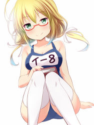 Rule 34 | 10s, 1girl, bad id, bad pixiv id, blonde hair, book, breasts, glasses, green eyes, i-8 (kancolle), kantai collection, large breasts, low twintails, name tag, one-piece swimsuit, red-framed eyewear, school swimsuit, semi-rimless eyewear, sitting, solo, swimsuit, thighhighs, twintails, under-rim eyewear, white thighhighs, yuzu tama