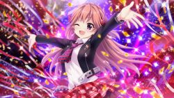Rule 34 | 1girl, audience, belt, black jacket, blue necktie, bow, bracelet, brick wall, broken wall, concert, confetti, diagonal-striped clothes, diagonal-striped necktie, dot nose, film grain, game cg, glowstick, haeno akari, hair bow, idol, idol clothes, izumi tsubasu, jacket, jewelry, long hair, necktie, non-web source, official art, one eye closed, open mouth, orange hair, outstretched arms, plaid, plaid skirt, print necktie, purple eyes, re:stage!, red bow, red necktie, red skirt, screen, shirt, skirt, smile, solo, sparkle, stage, star (symbol), star print, streamers, striped clothes, two-tone necktie, white belt, white shirt