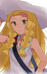 Rule 34 | 1girl, blonde hair, blunt bangs, braid, closed mouth, collared dress, commentary request, creatures (company), dated, dress, frown, game freak, green eyes, hand on headwear, hat, highres, lillie (pokemon), long hair, nintendo, osigatoutoi tou, pokemon, pokemon sm, sleeveless, sleeveless dress, solo, sun hat, twin braids, upper body, white background, white dress, white hat