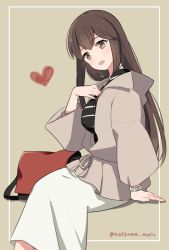 Rule 34 | 1girl, akagi (kancolle), black shirt, brown eyes, brown hair, commentary request, feet out of frame, grey background, grey jacket, jacket, kantai collection, long hair, looking at viewer, natsume (natsume melio), official alternate costume, one-hour drawing challenge, shirt, sitting, skirt, solo, straight hair, striped clothes, striped shirt, twitter username, white skirt