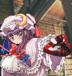 Rule 34 | blunt bangs, blush, bow, bowtie, box, bun cover, crescent, crescent hat ornament, dress, gift, hat, hat bow, hat ornament, heart-shaped box, holding, holding gift, long hair, long sleeves, mob cap, nakamura 3sou, neck ribbon, patchouli knowledge, purple dress, purple eyes, purple hair, red bow, red bowtie, red ribbon, ribbon, striped clothes, striped dress, touhou, vertical-striped clothes, vertical-striped dress, very long hair, wide sleeves