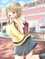 Rule 34 | 1girl, ;), artist name, artist request, backpack, bag, bare legs, black legwear, blue sky, blush, breasts, brown hair, building, checkered clothes, checkered skirt, cloud, collared shirt, day, female focus, grey hair, highres, hood, hoodie, jacket, light brown hair, looking at viewer, love live!, love live! nijigasaki high school idol club, love live! school idol festival, medium breasts, miniskirt, nail, nail polish, nakasu kasumi, one eye closed, outdoors, parted lips, pink eyes, pink nails, plaid, plaid skirt, pleated, pleated skirt, purple eyes, red eyes, shirt, shirt under jacket, short hair, skirt, sky, smile, solo, standing, standing on one leg, white hoodie, white jacket, wink, yellow shirt