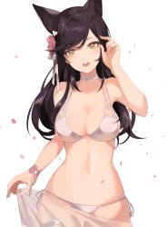 Rule 34 | 1girl, absurdres, animal ears, arm up, atago (azur lane), atago (summer march) (azur lane), atago (summer march) (azur lane), azur lane, bad id, bad pixiv id, bikini, black hair, blush, breasts, brown eyes, choker, cleavage, extra ears, flower, fox ears, hair between eyes, hair flower, hair ornament, highres, large breasts, lifting own clothes, long hair, looking at viewer, mole, mole under eye, navel, open mouth, petals, ribbon, saibe, sarong, smile, solo, swimsuit, white bikini, white choker, white sarong