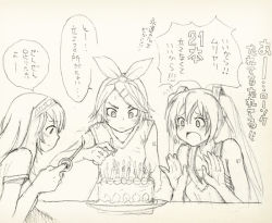 Rule 34 | 3girls, birthday cake, bow, cake, candle, concentrating, flying sweatdrops, food, hair bow, hair ornament, hairband, hairclip, hands up, hatsune miku, kagamine rin, lighter, long hair, megurine luka, monochrome, multiple girls, open mouth, sketch, twintails, vocaloid, wokada