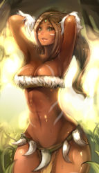 Rule 34 | 1girl, abs, absurdres, armpits, arms behind head, arms up, breasts, cleavage, cowboy shot, curvy, dark-skinned female, dark skin, facial mark, forehead jewel, green eyes, hands in hair, highres, large breasts, league of legends, loincloth, long hair, navel, nidalee, open mouth, parted bangs, seuyan, smile, solo, standing, strapless, sweat, thick thighs, thighs, tribal, tube top, wide hips