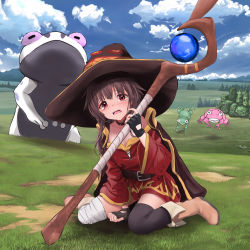 Rule 34 | 1girl, absurdres, belt, black cape, black gloves, breasts, brown hair, cape, dress, fingerless gloves, frog, gibun (sozoshu), gloves, hat, highres, holding, holding staff, kono subarashii sekai ni shukufuku wo!, looking at viewer, mage staff, megumin, red dress, red eyes, short dress, short hair, short hair with long locks, sitting, small breasts, smile, solo, staff, tearing up, witch hat
