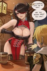 Rule 34 | 1boy, 1girl, aether (genshin impact), alcohol, arm armor, artist name, beer, beer mug, beidou (genshin impact), black gloves, black hair, blonde hair, blush, breasts, brown hair, china dress, chinese clothes, cleavage, cup, dated, dress, ear piercing, earrings, english text, eyepatch, fingerless gloves, genshin impact, gloves, grabbing, grabbing another&#039;s breast, grabbing own breast, hair ornament, hair over one eye, hair stick, hairpin, half updo, highleg, highleg leotard, highres, jewelry, lantern, large breasts, leotard, long hair, mug, one eye covered, parted lips, pelvic curtain, piercing, red eyes, scarf, sciamano240, short sleeves, signature, single earring, sleeveless, sleeveless turtleneck, sleeveless turtleneck dress, smile, speech bubble, spitting, tassel, tassel earrings, tassel hair ornament, teeth, thighhighs, turtleneck, turtleneck dress, very long hair, white scarf