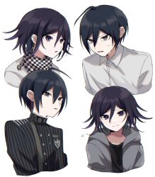 Rule 34 | 2boys, ahoge, alternate costume, black hair, buttons, checkered clothes, checkered scarf, collared shirt, cropped torso, danganronpa (series), danganronpa v3: killing harmony, double-breasted, flipped hair, grey shirt, hair between eyes, highres, hsm 0704, jacket, looking at another, male focus, medium hair, multicolored hair, multiple boys, multiple views, oma kokichi, open mouth, purple hair, saihara shuichi, scarf, shirt, short hair, simple background, striped clothes, striped jacket, tears, two-tone hair