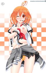 Rule 34 | 1girl, ahoge, blush, breasts, checkered background, clothes around waist, helvetica std, highres, large breasts, looking at viewer, marvelousaql (neptunia), navel, neptune (series), nipples, one eye closed, open clothes, open mouth, open shirt, orange eyes, orange hair, orange panties, panties, patreon username, pleated skirt, shirt, short hair, signature, skirt, smile, solo, sweater, sweater around waist, symbol-shaped pupils, underwear