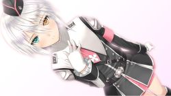 Rule 34 | 1girl, armband, armor, belt, black jacket, blade arcus from shining, boots, buttons, clenched hand, cross print, dutch angle, eyebrows, frilled shirt, frills, fringe trim, garrison cap, gloves, green eyes, grey jacket, hair between eyes, hand on own chest, hat, heterochromia, highres, jacket, knee boots, legs, legs together, looking at viewer, marion lu shila, military, military uniform, necktie, official art, out of frame, pauldrons, pink necktie, pink skirt, shining (series), shining resonance, shirt, shoulder armor, silver hair, simple background, skirt, solo, standing, staring, teeth, tony taka, uniform, white background, white gloves, yellow eyes