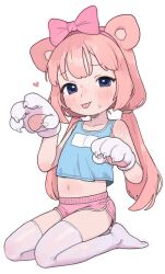 Rule 34 | 1girl, absurdres, animal ears, animal hands, blue eyes, blue tank top, blush, bow, bow hairband, chromu, closed mouth, collarbone, commentary, cropped shirt, dolphin shorts, english commentary, flat chest, full body, gloves, hairband, heart, highres, indie virtual youtuber, long hair, looking at viewer, low twintails, midriff, navel, opossumachine, paw gloves, pink bow, pink hairband, pink shorts, seiza, short shorts, shorts, simple background, sitting, solo, tank top, thighhighs, tongue, tongue out, twintails, virtual youtuber, white background, white thighhighs